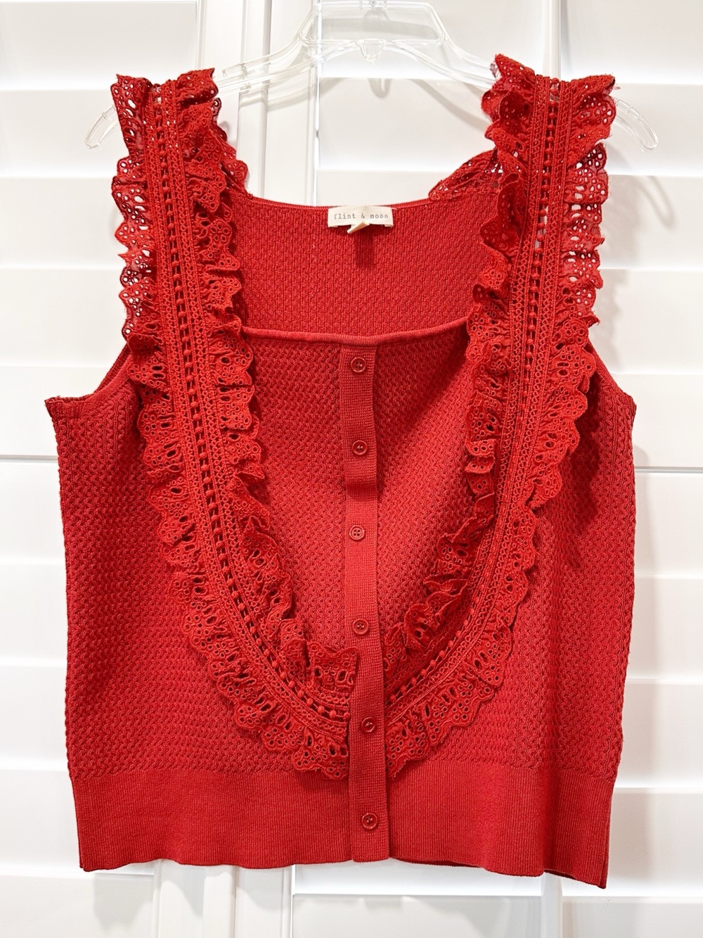 Flint & Moss Rustic Orange Ruffle Lace Trim Sweater Tank Knit Shell Top Lace L